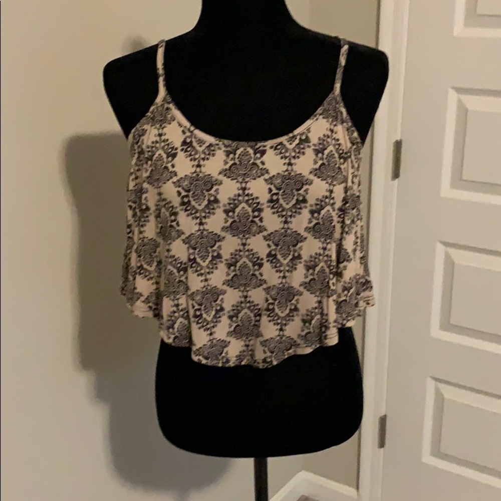 Deb Cream & Black Damask Ruffle Crop Top